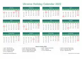 Calendar Horizintal Grid Mon Sun Ukraine Holiday Watery Blue Landscape 2022