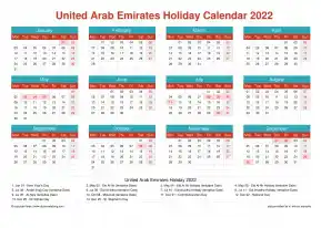 Calendar Horizintal Grid Mon Sun United Arab Emirates Holiday Cheerful Bright Landscape 2022