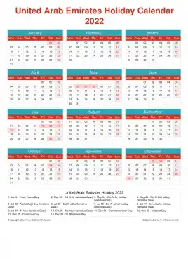 Calendar Horizintal Grid Mon Sun United Arab Emirates Holiday Cheerful Bright Portrait 2022