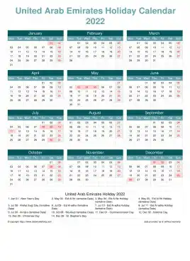 Calendar Horizintal Grid Mon Sun United Arab Emirates Holiday Cool Blue Portrait 2022