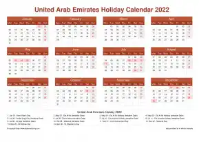 Calendar Horizintal Grid Mon Sun United Arab Emirates Holiday Earth Landscape 2022