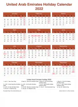 Calendar Horizintal Grid Mon Sun United Arab Emirates Holiday Earth Portrait 2022