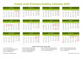 Calendar Horizintal Grid Mon Sun United Arab Emirates Holiday Natural Landscape 2022
