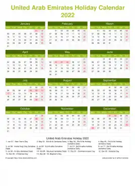 Calendar Horizintal Grid Mon Sun United Arab Emirates Holiday Natural Portrait 2022