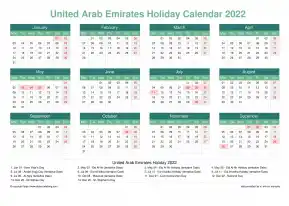 Calendar Horizintal Grid Mon Sun United Arab Emirates Holiday Watery Blue Landscape 2022
