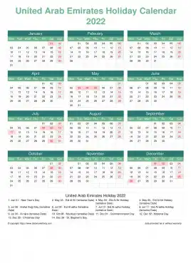 Calendar Horizintal Grid Mon Sun United Arab Emirates Holiday Watery Blue Portrait 2022