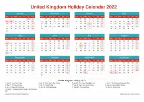 Calendar Horizintal Grid Mon Sun United Kingdom Holiday Cheerful Bright Landscape 2022