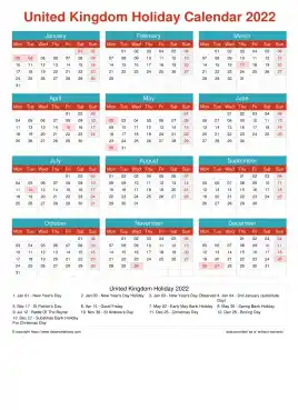 Calendar Horizintal Grid Mon Sun United Kingdom Holiday Cheerful Bright Portrait 2022