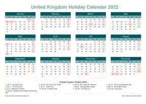 Calendar Horizintal Grid Mon Sun United Kingdom Holiday Cool Blue Landscape 2022