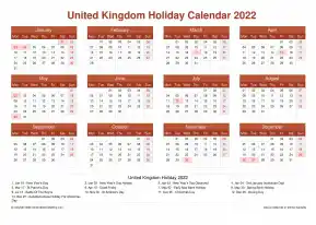 Calendar Horizintal Grid Mon Sun United Kingdom Holiday Earth Landscape 2022