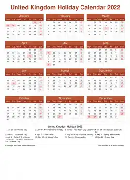 Calendar Horizintal Grid Mon Sun United Kingdom Holiday Earth Portrait 2022
