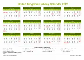 Calendar Horizintal Grid Mon Sun United Kingdom Holiday Natural Landscape 2022