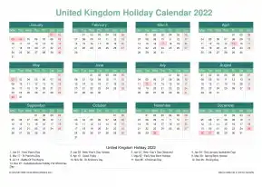 Calendar Horizintal Grid Mon Sun United Kingdom Holiday Watery Blue Landscape 2022