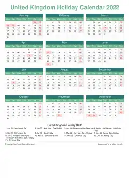 Calendar Horizintal Grid Mon Sun United Kingdom Holiday Watery Blue Portrait 2022