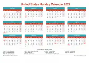 Calendar Horizintal Grid Mon Sun United States Holiday Cheerful Bright Landscape 2022
