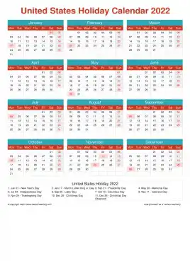 Calendar Horizintal Grid Mon Sun United States Holiday Cheerful Bright Portrait 2022