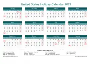 Calendar Horizintal Grid Mon Sun United States Holiday Cool Blue Landscape 2022