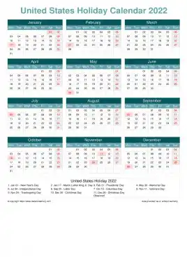 Calendar Horizintal Grid Mon Sun United States Holiday Cool Blue Portrait 2022