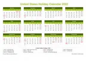 Calendar Horizintal Grid Mon Sun United States Holiday Natural Landscape 2022