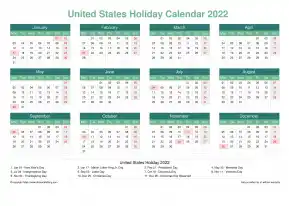 Calendar Horizintal Grid Mon Sun United States Holiday Watery Blue Landscape 2022