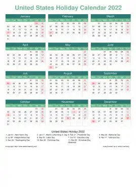 Calendar Horizintal Grid Mon Sun United States Holiday Watery Blue Portrait 2022