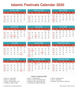 Calendar Horizintal Grid Sun Sat Islamic Holiday A4 Cheerful Bright 2020
