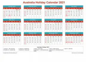 Calendar Horizintal Grid Sun Sat Australia Holiday Cheerful Bright Landscape 2021