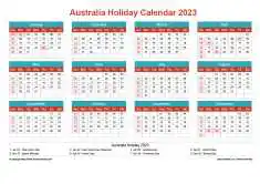 Calendar Horizintal Grid Sun Sat Australia Holiday Cheerful Bright Landscape 2023