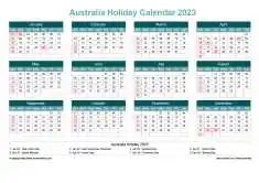Calendar Horizintal Grid Sun Sat Australia Holiday Cool Blue Landscape 2023
