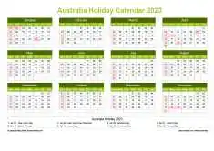 Calendar Horizintal Grid Sun Sat Australia Holiday Natural Landscape 2023