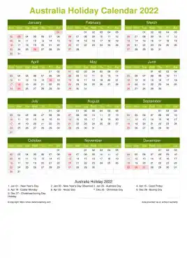 Calendar Horizintal Grid Sun Sat Australia Holiday Natural Portrait 2022