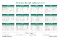 Calendar Horizintal Grid Sun Sat Australia Holiday Watery Blue Landscape 2023