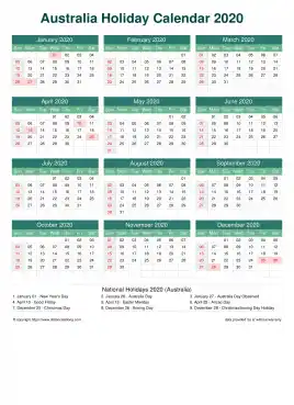 Calendar Horizintal Grid Sun Sat Australia Holiday Watery Blue Portrait 2020