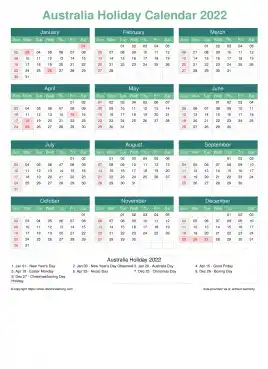 Calendar Horizintal Grid Sun Sat Australia Holiday Watery Blue Portrait 2022