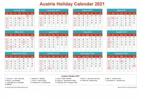 Calendar Horizintal Grid Sun Sat Austria Holiday Cheerful Bright Landscape 2021
