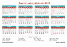 Calendar Horizintal Grid Sun Sat Austria Holiday Cheerful Bright Landscape 2023