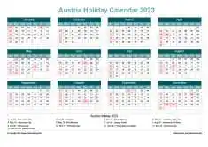 Calendar Horizintal Grid Sun Sat Austria Holiday Cool Blue Landscape 2023