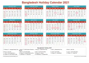 Calendar Horizintal Grid Sun Sat Bangladesh Holiday Cheerful Bright Landscape 2021