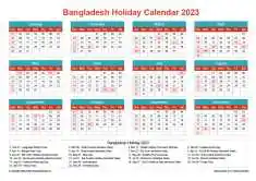 Calendar Horizintal Grid Sun Sat Bangladesh Holiday Cheerful Bright Landscape 2023