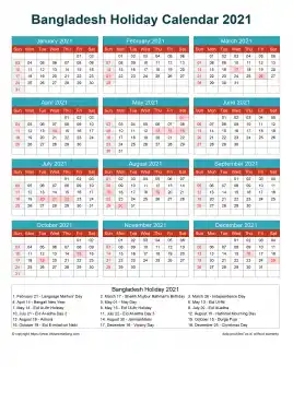 Calendar Horizintal Grid Sun Sat Bangladesh Holiday Cheerful Bright Portrait 2021