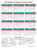 Calendar Horizintal Grid Sun Sat Bangladesh Holiday Cheerful Bright Portrait 2023