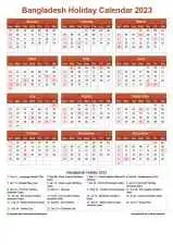 Calendar Horizintal Grid Sun Sat Bangladesh Holiday Earth Portrait 2023