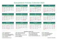 Calendar Horizintal Grid Sun Sat Bangladesh Holiday Watery Blue Landscape 2023