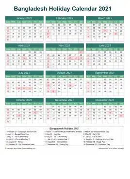 Calendar Horizintal Grid Sun Sat Bangladesh Holiday Watery Blue Portrait 2021