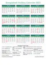Calendar Horizintal Grid Sun Sat Bangladesh Holiday Watery Blue Portrait 2023