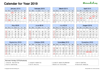 Calendar Horizintal Grid Sun Sat Bank Holiday Auz 2019