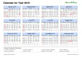 Calendar Horizintal Grid Sun Sat Bank Holiday Auz 2019