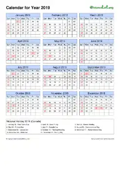 Calendar Horizintal Grid Sun Sat Bank Holiday Canada A4 Portrait 2019