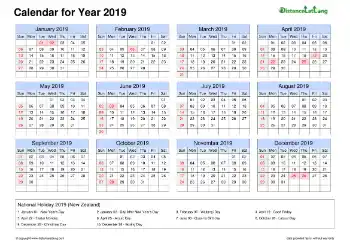 Calendar Horizintal Grid Sun Sat Bank Holiday Nz 2019