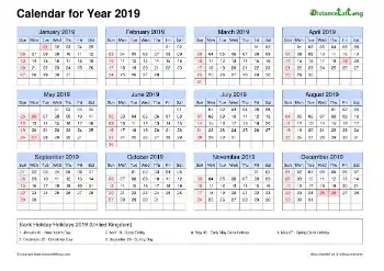 Calendar Horizintal Grid Sun Sat Bank Holiday Uk 2019